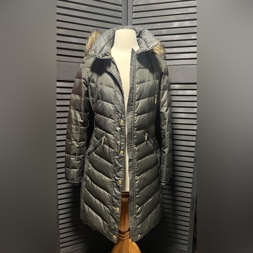 Michael‎ Kors Puffer Coat Fur Hood Zip Pockets Quilted Women XS Olive Green